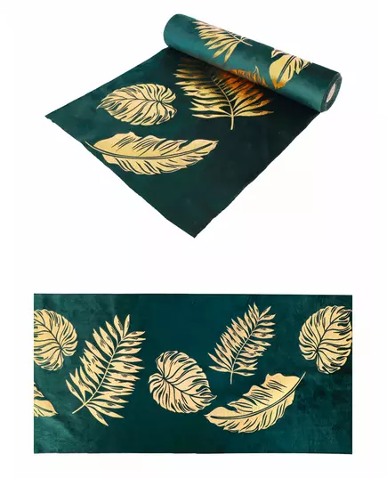 Grønn fløyelsløper med gullblader 28 cm x 3 m