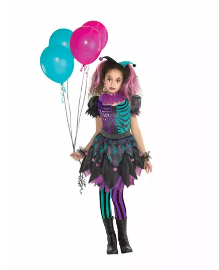 Go all out for Halloween with this harlequin costume. This Halloween harlequin costume for girls consists of a dress, a headband, a collar, bracelets, and a pair of tights (balloons and shoes not included). The black dress is printed with a green and purp, Size: 6-8 years(128 cm)