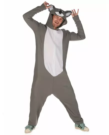 koala costume to keep you warm! This men's koala costume includes a hooded jumpsuit. The long-sleeved jumpsuit is gray with a white belly. A zipper on the front will allow you to put this costume on and take it off easily. The hood is topped with a cute k