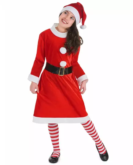 Mother Christmas costume with white pompoms for girls, Size: 4-6 years (S)