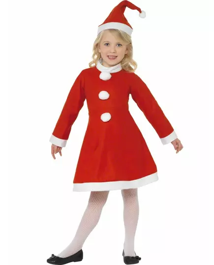 Mother Christmas costume with pompom dress for girls, Size: 10-12 years (145/158 cm)