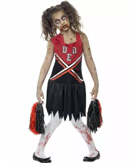Black and red zombie cheerleader costume for girls, Size: 10-12 years (145/158 cm)