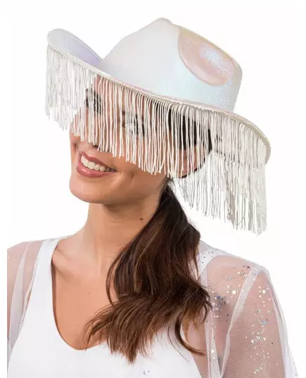 Hvit iriserende cowboyhatt med frynser for voksne