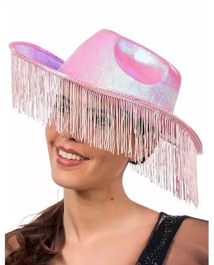 Rosa iriserende cowboyhatt med frynser for voksne