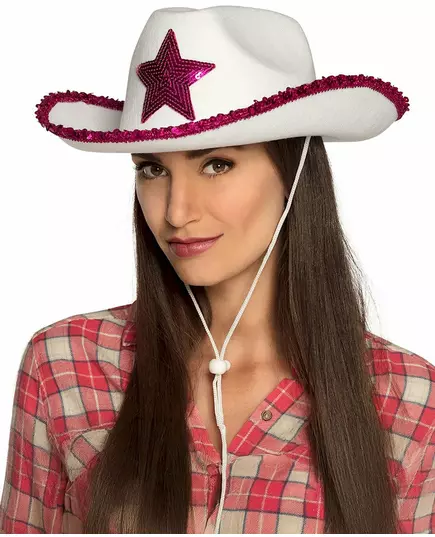 White cowgirl hat with pink sequin stars