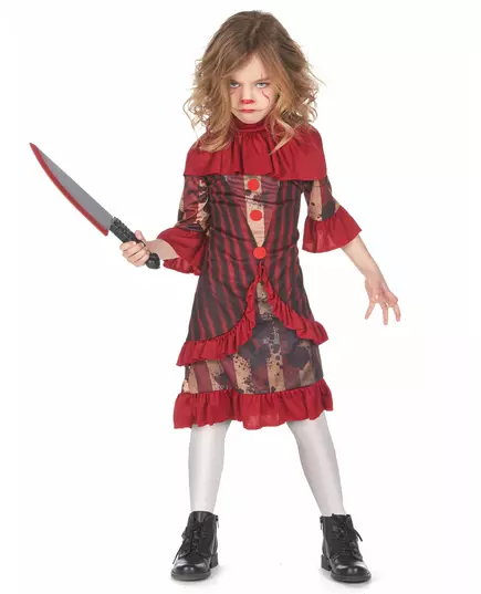 Red terrifying clown costume for girls, Size: 10-12 years (130-140 cm)