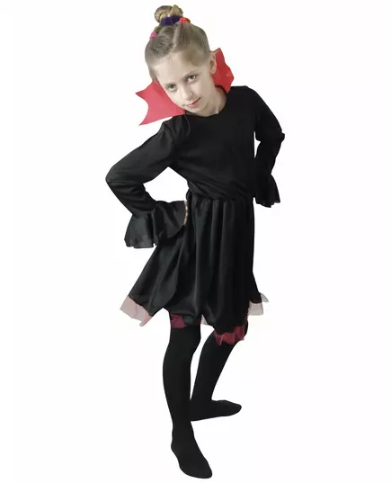Black vampire costume with red collar for girls, Size: 7-8 years(122-128 cm)