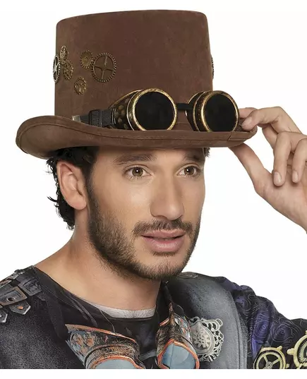Brun topphatt med tannhjul og steampunk-briller for voksne
