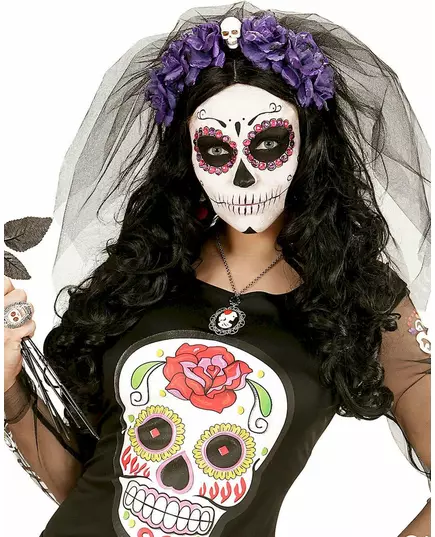Purple flower headdress with skull for women, Day of the Dead