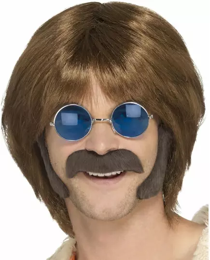 Brown hippie kit with mustache and sideburns for men