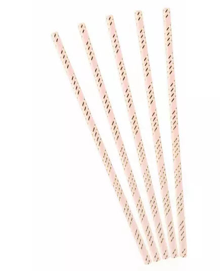 10 rosa pappsugerør med metalliske gullstriper 19,5 cm