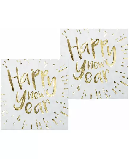 20 Happy New Year White and Gold Paper Napkins 33 x 33 cm