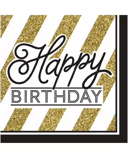 16 Black and Gold Happy Birthday Paper Napkins 33 x 33 cm