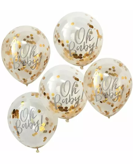 gjennomsiktige Oh Baby-ballonger med metallisk gullkonfetti 30 cm