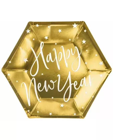6 Happy New Year gold paper plates 20 cm
