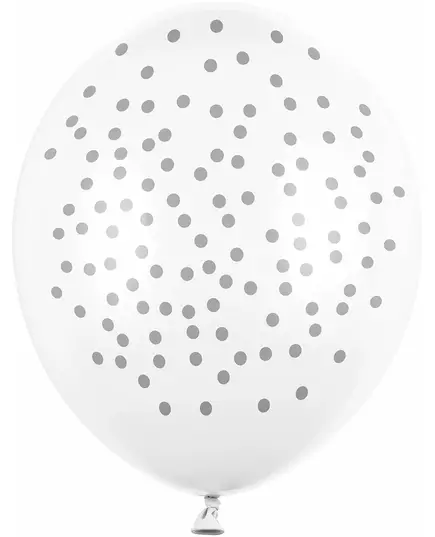 6 hvite lateksballonger med sølvprikker 30 cm