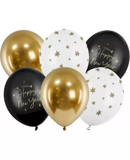 6 svarte og gullfargede ballonger til godt nyttår, 30 cm