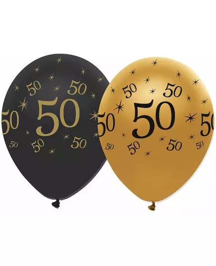 6 svarte og gullfargede lateksballonger til 50-årsjubileum, 30 cm