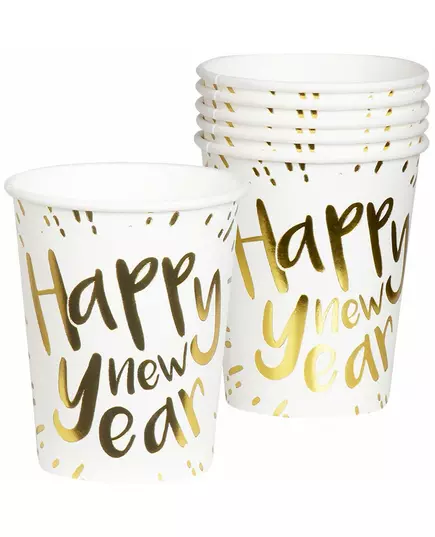 10 Happy New Year white and gold cardboard cups 21 cl