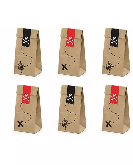 6 Pirate Party Kraft Paper Gift Bags 8 x 18 x 6 cm