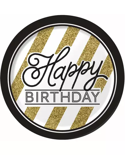 8 Happy Birthday Black and Gold Paper Plates 23 cm