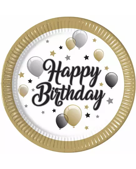 8 Happy Birthday Gold Black Silver Paper Plates 23 cm