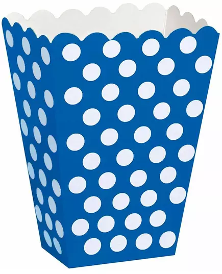 blå popcornbokser med hvite prikker