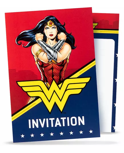8 Wonder Woman invitasjonskort med konvolutter 10x16cm