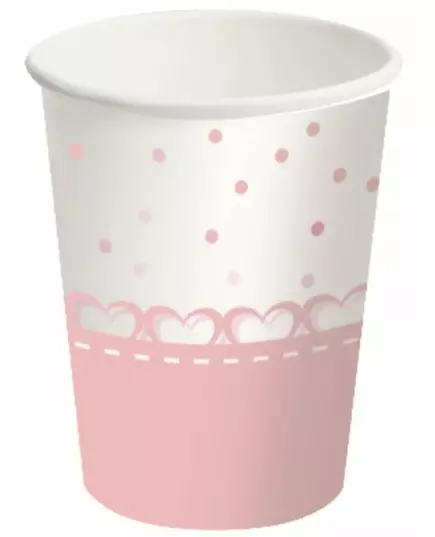 8 rosa hjerteformede papirkopper 250 ml