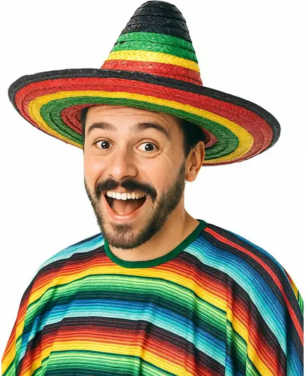 Multicolored Mexican sombrero with black border and tip for adults