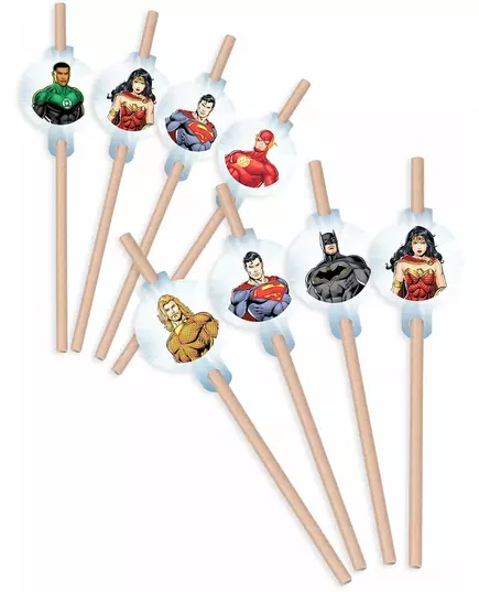 8 Justice League cardboard medallion straws 20cm