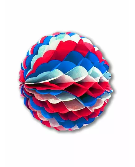 Blå, hvit, rød papirball med bikakemotiv 25 cm