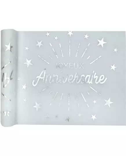 Hvit og sølvfarget non-woven bursdagsbordløper 5m x 30cm