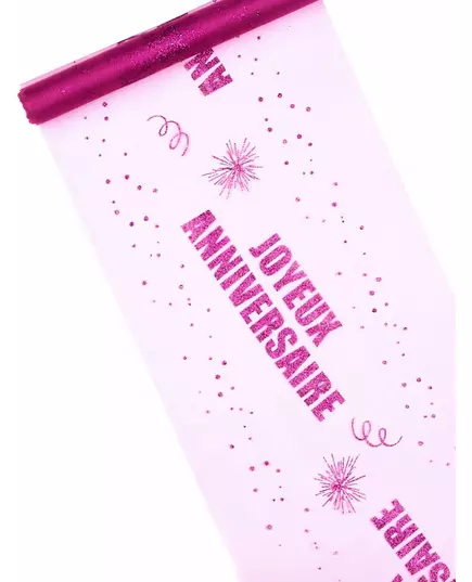 Bordløper i organza, fuchsia, 29 cm x 5 m, Happy Birthday