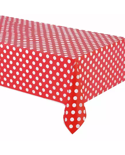 Red tablecloth with white polka dots, plastic, 137 x 274 cm