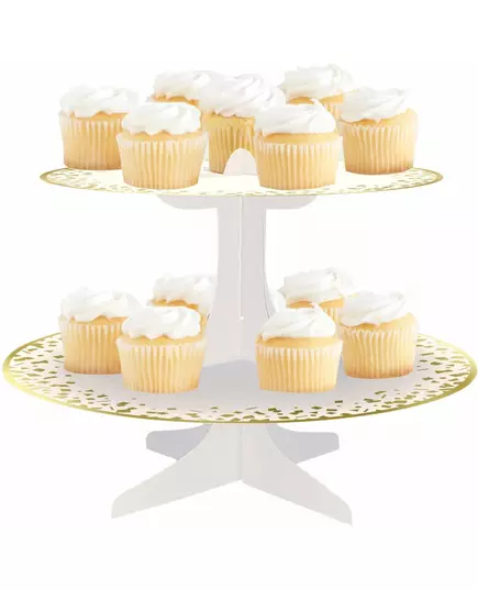 Hvitt og gullfarget papp-muffinsstativ 31 x 24 cm