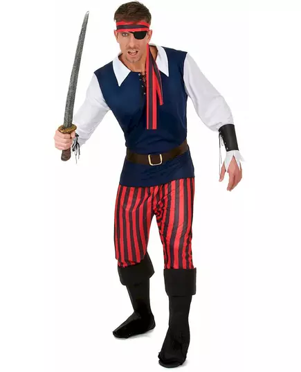 Rød og svart stripete piratkostyme for menn, Størrelse: Large