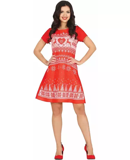 Women's red Christmas sweater print dress, Size: Small (36-38)