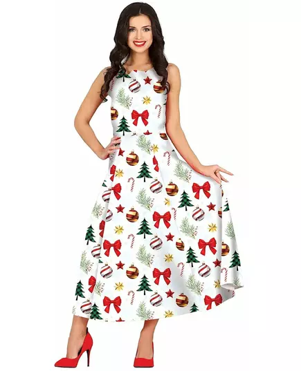 Women's long white dress with Christmas patterns