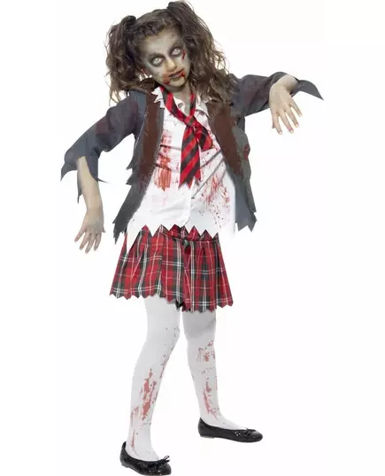 Zombie skolejentekostyme til Halloween for jenter, Størrelse: 7–9 år (130/143 cm)
