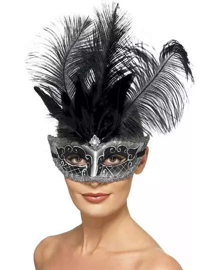 Grey Venetian Columbine mask with feathers for adults