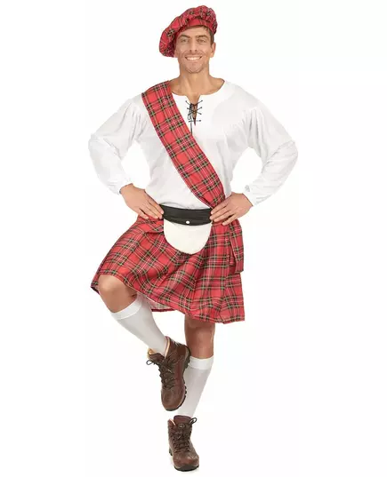 Red and white Scottish costume for men, Size: Large