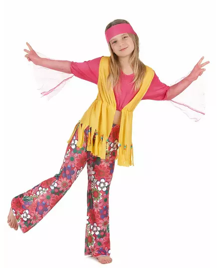 Flerfarget hippiekostyme til jenter, Størrelse: 10–12 år (130–140 cm)