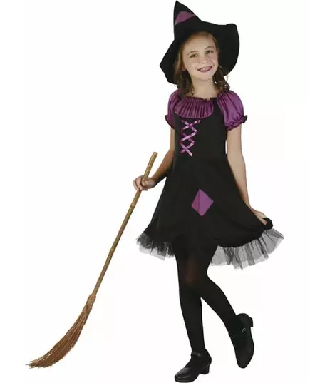Purple witch costume with hat for girls, Size: 7-9 years (120-130 cm)