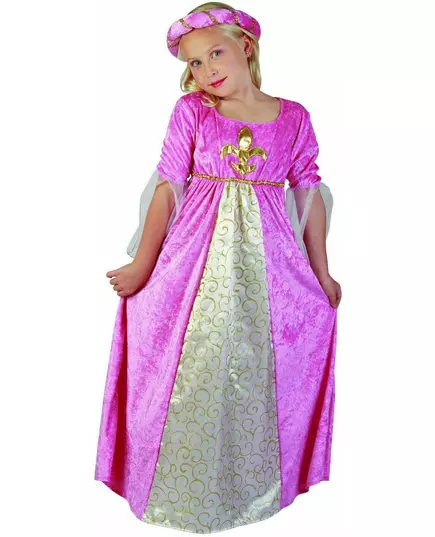 Rosa og gull middelalderprinsessekostyme til jenter, Størrelse: 7–9 år (120–130 cm)