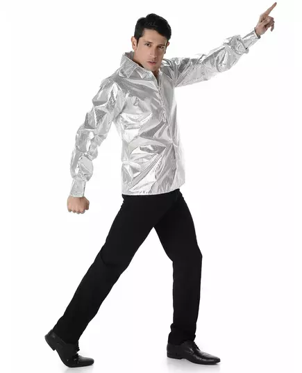 Men's silver shiny disco shirt, Size: X-Large