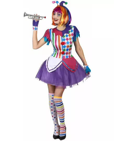 Harlequin costume with colorful pompoms for women, Size: Medium