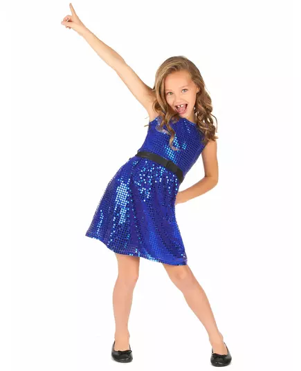 Girls' blue sequin disco dress with big bow, Size: 6-7 years(M)