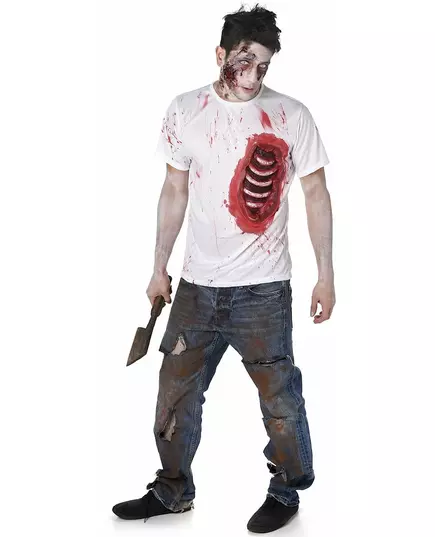 Herre lateks zombiekostyme med ribbein, Størrelse: Large