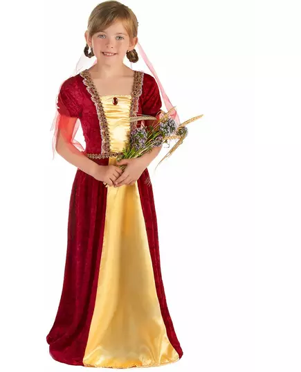 Rødt middelaldergrevinnekostyme for jenter, Størrelse: 10–12 år (130–140 cm)